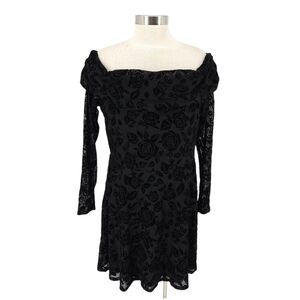 Wild Fable Fit Flare Dress Black Flocked Floral Off Shoulder Long Sleeve 2XL